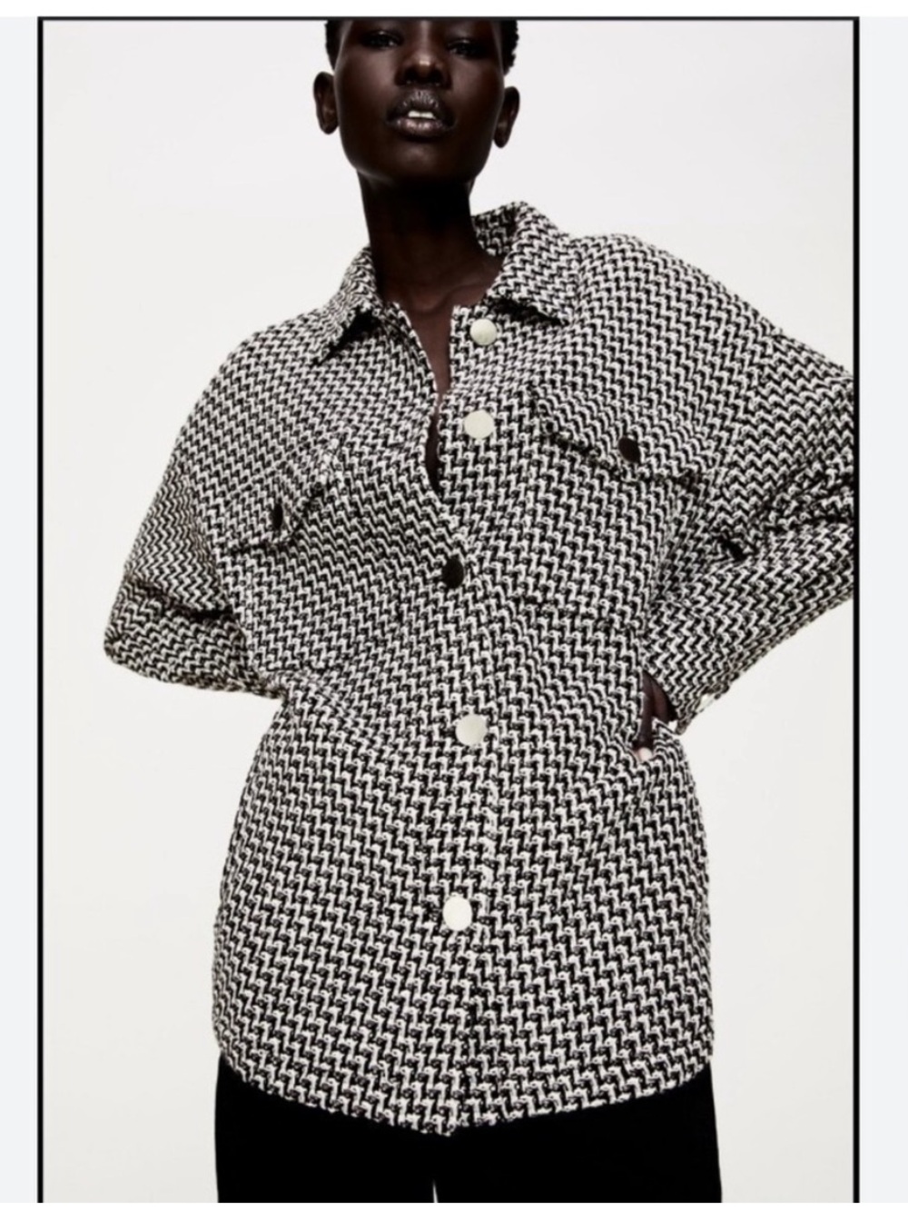 Zara Black White Tweed Shacket Overshirt Jacket Frayed Textured Women Large NWT
